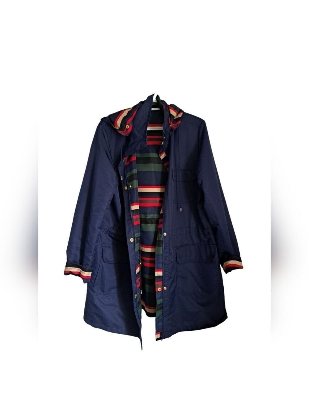 C WONDER Reversible hooded jacket solid navy multi stripe zip windbreaker size L